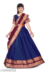 Cotton blend South Indian bridal girls lehenga-choli with floral stitch, unstitched in art silk and chanderi silk. Three-quarter sleeves top and matching bottomwear in zari-patterned litchi silk. Accessorize with heels or flats for a stunning look. Best quality fabric, dry clean only. India origin. (Lehenga waist sizes: 28in, 30in, 31in, 32in, 35in, 36in; Lehenga length sizes: 38in, 40in, 40m, 42in, 44in; Duppatta length size: 2.25in; Dupatta width: 36in; Product weight: 490 grams)